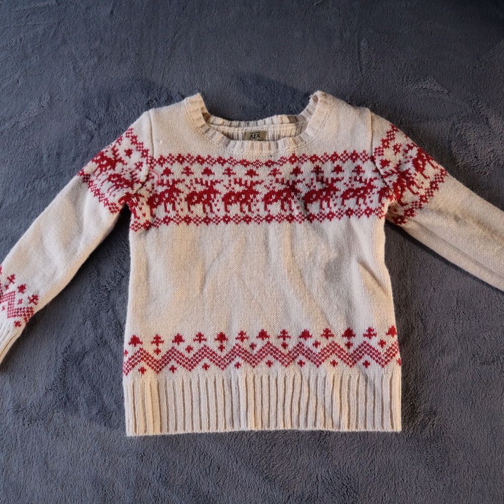 Maximus Rex Holiday Sweater Womens Size 4T Red White Reindeer Fair Isle Crewneck